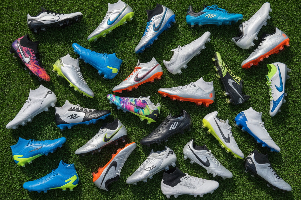Various soccer cleats displayed on a grass field