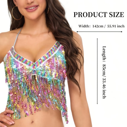 1 stuk Handgemaakt Boheems Buikdanskostuum met Paillettenrok & Kwastjes - Rugvrij Sari Geschikt voor Rave, Carnaval, Nachtcluboptredens, Strandfeesten, Etnische Festivaloutfits voor Dames, Retro Uitgaansleven Dansoutfitaccessoires