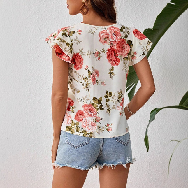 Floral Print Short Sleeve Shirt Summer Fashion Ruffled Tops Women's Clothing - XdropX