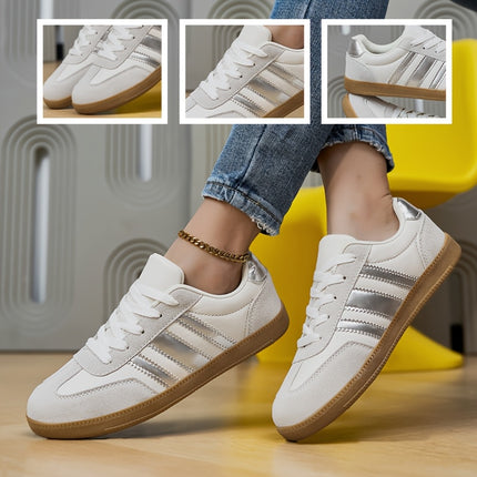 Dames Retro Gazelle Stijl Sneakers, Witte Bovenkant Metallic Zilverkleurige 3 Strepen Vetersluiting Platte Casual Schoenen, Kauwgom Zool Lichtgewicht Wandelschoenen voor Dagelijks Woon-werkverkeer Street Fashion, Dames Schoenen