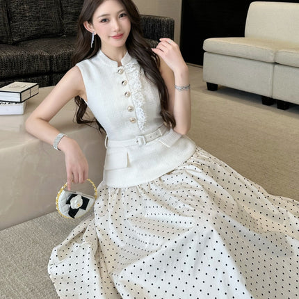Sleeveless Faux Two-piece Spliced Polka-dot Dress