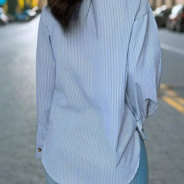 Women's Vertical Striped Notched Collar Shirt,Long Sleeve Tops - XdropX