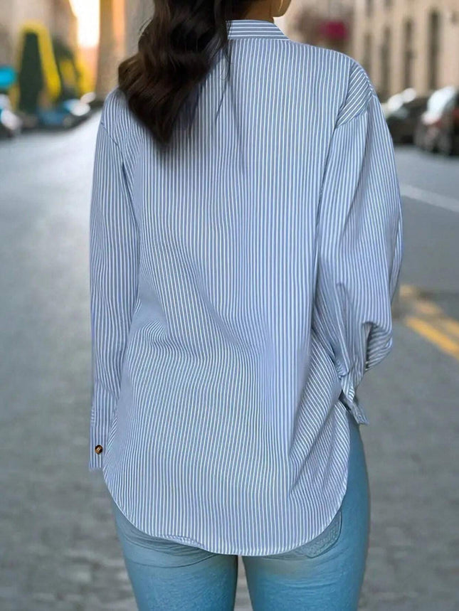 Women's Vertical Striped Notched Collar Shirt,Long Sleeve Tops - XdropX
