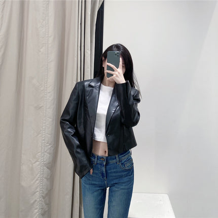 Ladies Faux Leather Short Casual Blazer