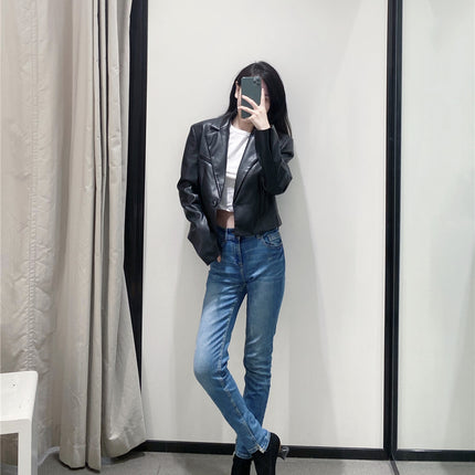 Ladies Faux Leather Short Casual Blazer