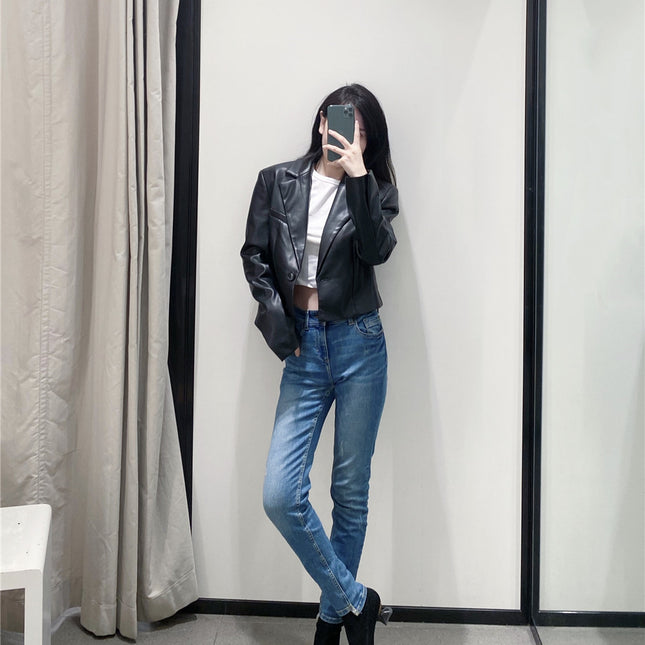 Ladies Faux Leather Short Casual Blazer - XdropX
