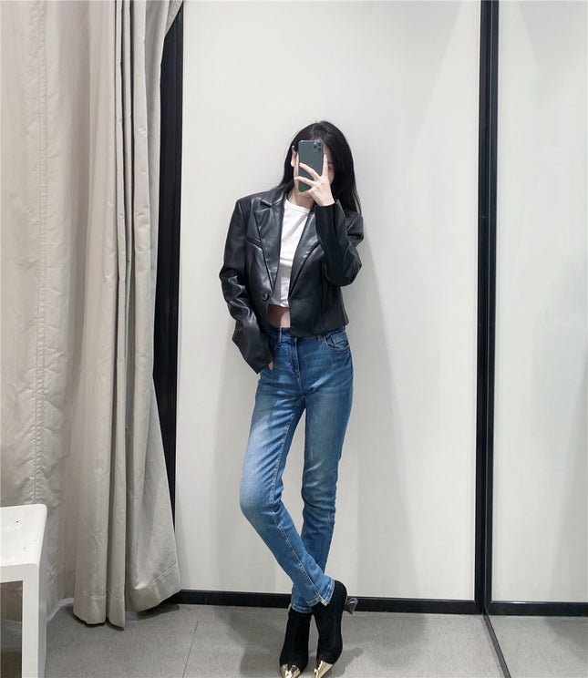 Ladies Faux Leather Short Casual Blazer - XdropX