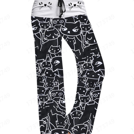 European And American Hot Digital Printing Cartoon Cat Pattern Bell-bottoms Wide Leg Pants For Women