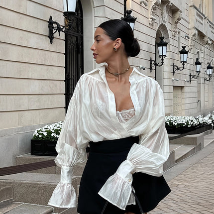 Ins French Lantern Sleeve Shirt Fashion Button Lapel Long Sleeved Tops Casual Women's Clothing