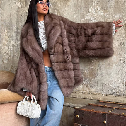 Elegant Color-blocked Fur Coat With A Lapel And Long Sleeves