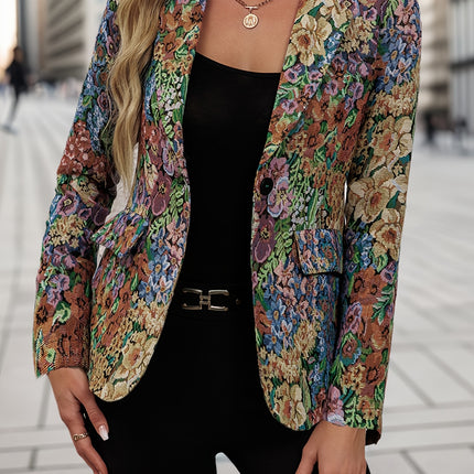 Women's Floral Print Blazer Jacket - Elegant Loose Fit Mid-Length Long Sleeve Single-Button Closure