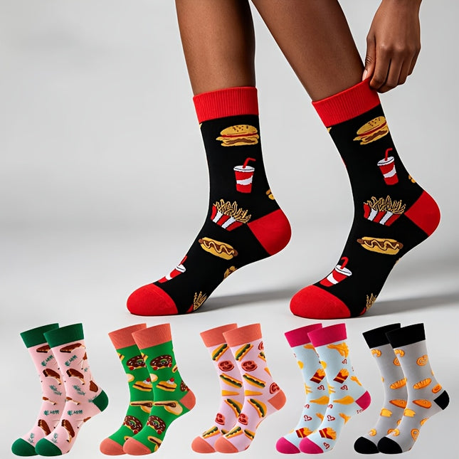 Willekeurig 1 paar/3 paar/5 paar uniseks trendy kuitkousen met etensthema met pizza-, hamburger- en ijsjespatronen, leuke en nieuwe modesokken voor alle seizoenen - XdropX
