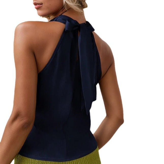 Women Solid Color Swing Collar Sleeveless Vest Trendy Elegant Shirt With Halter Neckline Backless Short Sleeve Tops Tshirts - XdropX