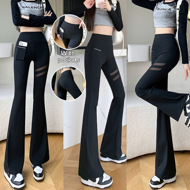 Mesh Pocket Womens SpringSummerAutumn Thin Hollowed-Out High-Waisted Shaping Flare Yoga Pants - XdropX