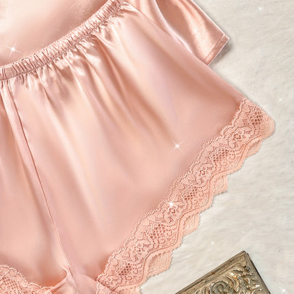 5-delige effen satijnen kanten patchwork pyjamaset, lange mouwen badjas en V-hals halter en shorts en broek en riem, elegante dames pyjama's en loungewear