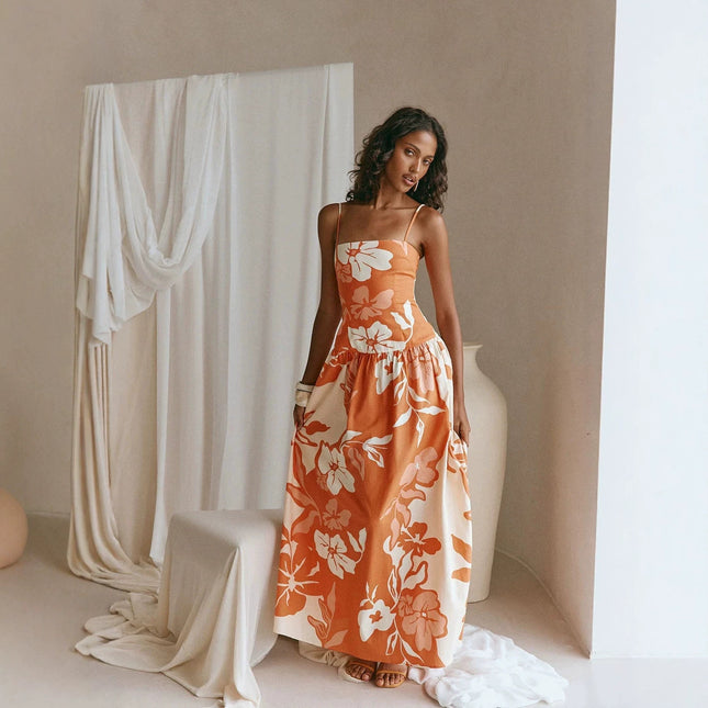 Printed Off-shoulder Slim-fit Strap Dress - XdropX