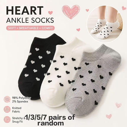 Set van 1/3/5/7 paar elegante bootsokken met kleine hartjesprint - Ademende laag uitgesneden sokken geschikt voor thuis, woon-werkverkeer & dagelijks gebruik, antislip hiel, zweetabsorberend, machinewasbaar, willekeurige kleur (zwart/wit/grijs) voor kant - XdropX