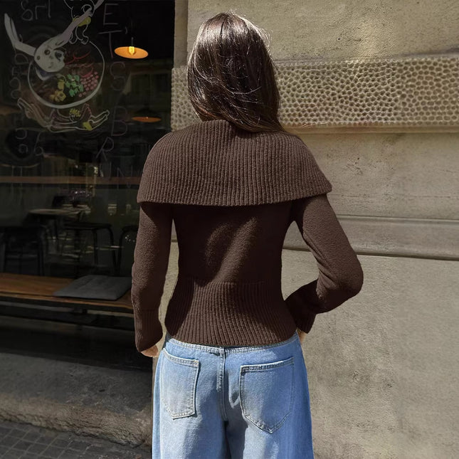 Womens Solid-Color Lapel Knitted Pullover Sweater - XdropX