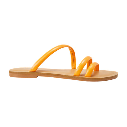Flache Kalbsledersandalen – minimalistische Damenpantoletten mit drei Riemen