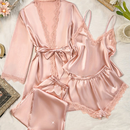 5-delige effen satijnen kanten patchwork pyjamaset, lange mouwen badjas en V-hals halter en shorts en broek en riem, elegante dames pyjama's en loungewear
