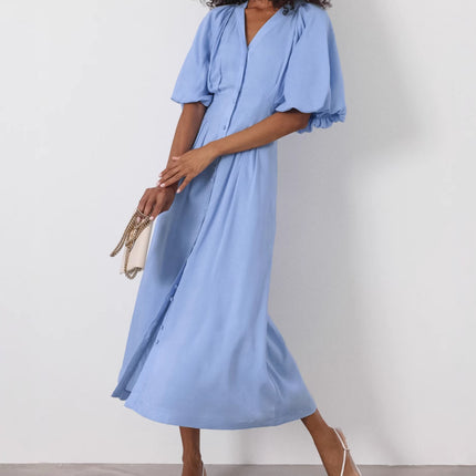 Women's Cotton V-neck Puffed-sleeve Dress