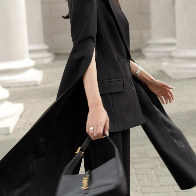 Black Cape Blazer Suit With Cropped Pants Set - XdropX