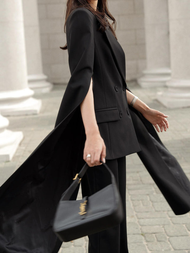 Black Cape Blazer Suit With Cropped Pants Set - XdropX