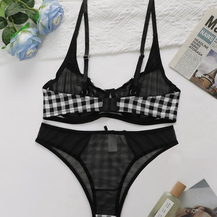 Sexy Bra Set, Plaid Style, Breathable Ultra-thin Anti-sagging Lingerie, Women's Underwear Set