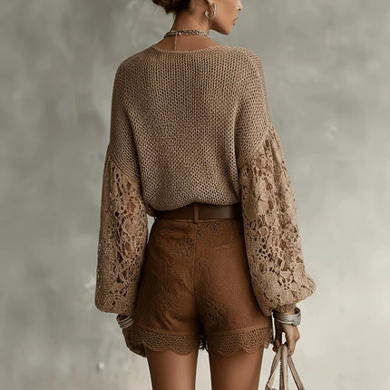Lace Hollow-Out Puff Sleeve V-Neck Sweater Knitted Pullover