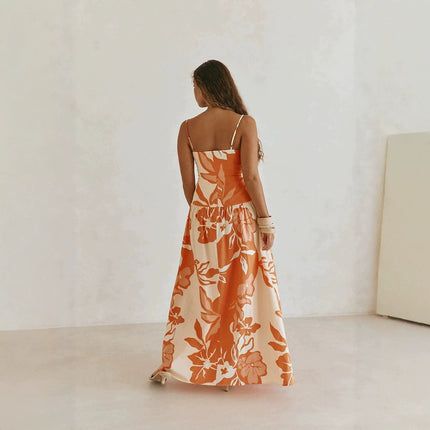 Printed Off-shoulder Slim-fit Strap Dress