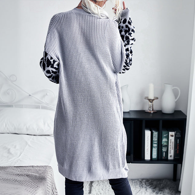 Womens Long Leopard-print Long-sleeve Sweater Coat - XdropX