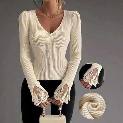 Elegant V-neck Knitted Lace Sweater