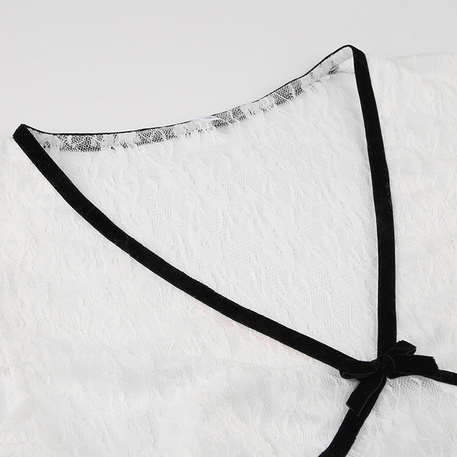Women's Minimalist Bow Contrasting V-neck Lace Top - XdropX