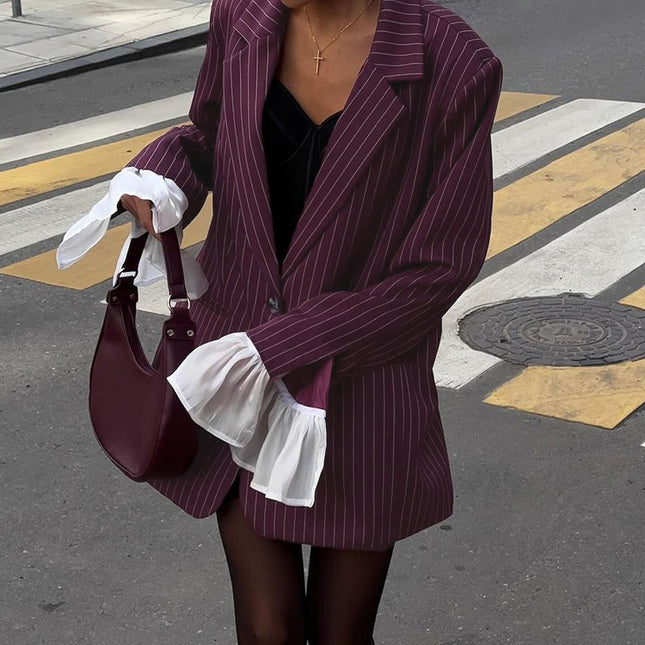 Lace Bell Sleeve Loose Casual Striped Blazer - XdropX