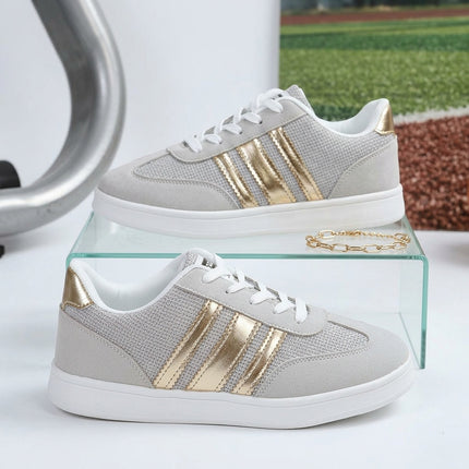 Damesmode Trendy 3-streep Multicolor Casual Atletische Platte Schoenen, Vetersluiting Effen Ademend Niet-Stuffy, Alle Seizoenen Draagbaar, Exquise Modieuze Praktische Vakantie Cadeau, Geschikt voor Sport Wandelen Vrije Tijd Reizen Multi-Scene Veelzijdig,