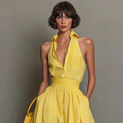 Yellow-striped V-neck, Waist-cinched, Sleeveless Dress That The