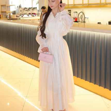 Puff Long Sleeve Gathered Waist Button Front Flowy Dress