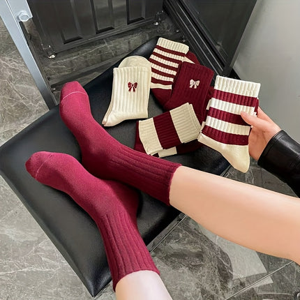 1/5 Paar Rode Gestreepte Sokken, Dames Mode Mid-Calf Bourgondische Sportsokken - XdropX