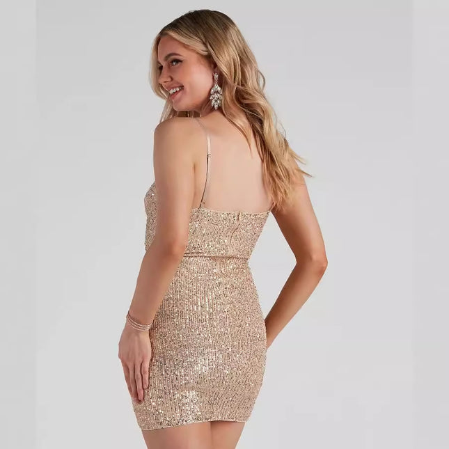 Womens Sexy V-Neck Sequined Bodycon Strap Dress - XdropX