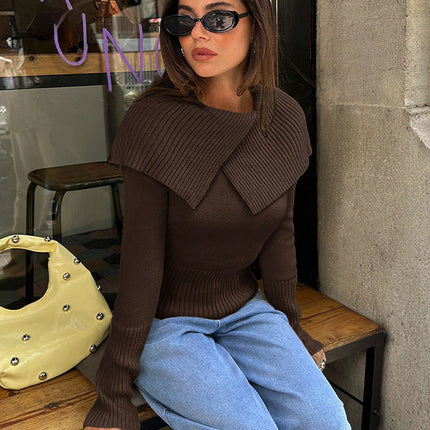 Womens Solid-Color Lapel Knitted Pullover Sweater