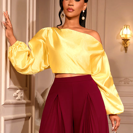 One Shoulder Balloon Puff Sleeve Cropped Blouse