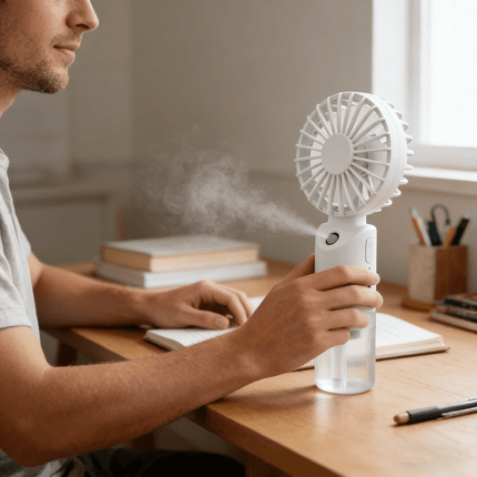1 stuk draagbare 2-in-1 ventilator + luchtbevochtiger met bevochtigingsfunctie, USB-oplaadbare persoonlijke koelventilator, mini luchtbevochtigerventilator geschikt voor thuis, kantoor en reizen