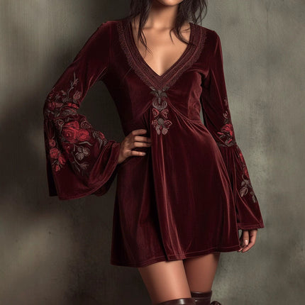 Bell-sleeved Burgundy Velvet Embroidered Mini Dress