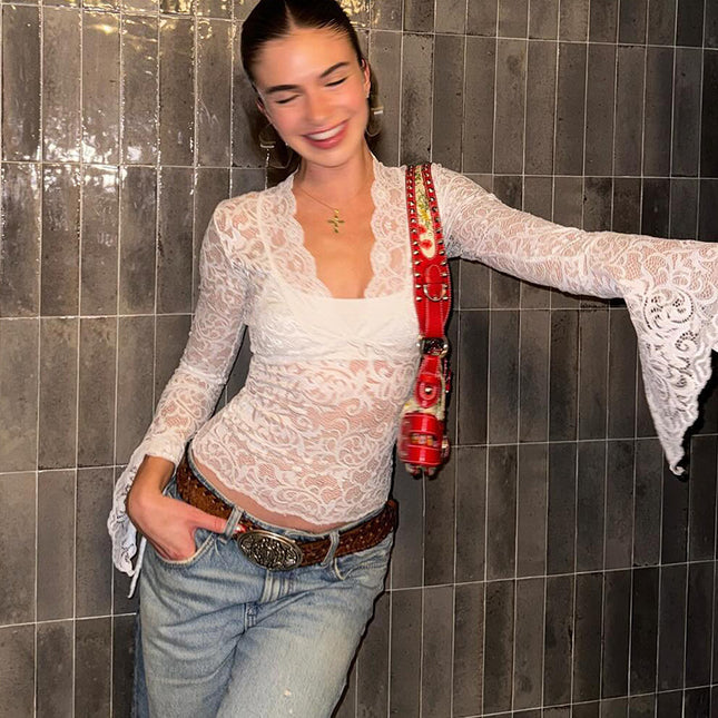 Sexy Deep V Neck Slim Fit Cropped Long Sleeve Blouse With Lace Trim - Floral Print Women's Tops For Fashionable Outfits - XdropX