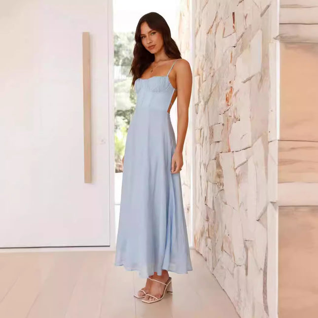 Strap-printed Backless Dress With A Slit At The Hem - XdropX