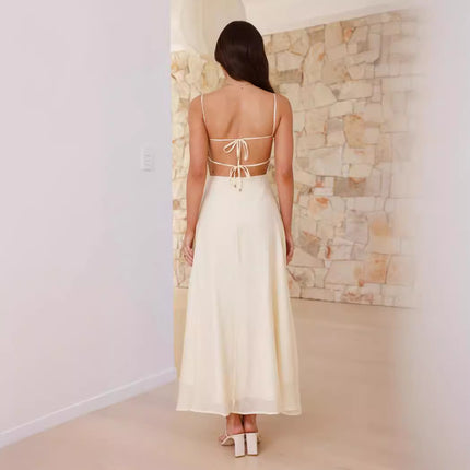 Strap-printed Backless Dress With A Slit At The Hem