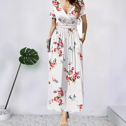 Printed V-neck Short Sleeve Dress