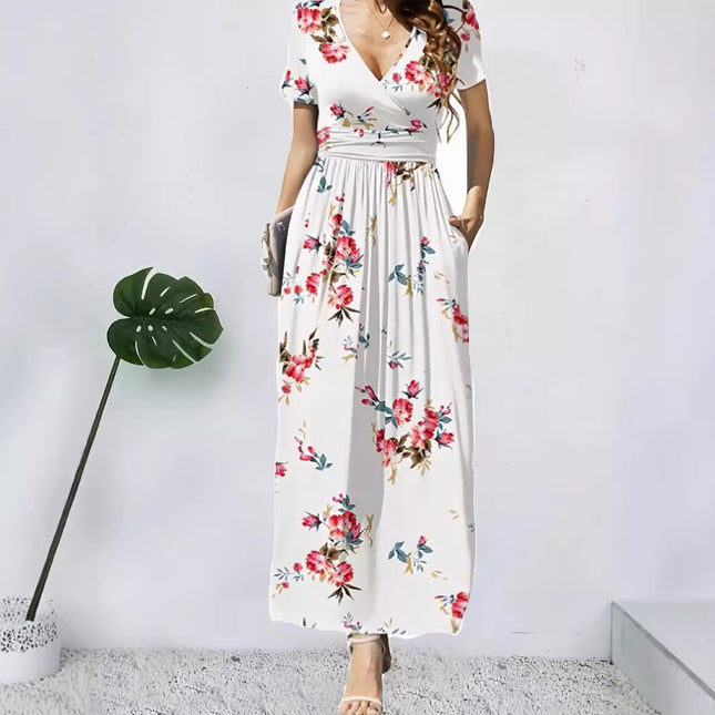 Printed V-neck Short Sleeve Dress - XdropX
