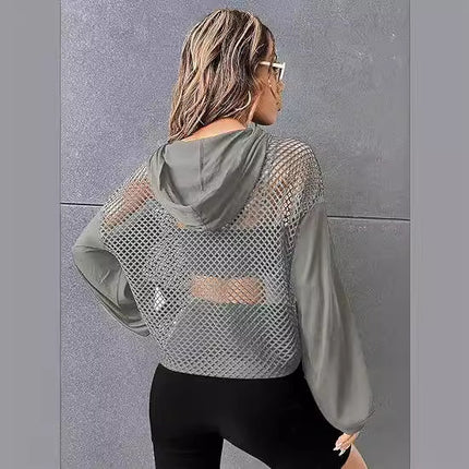 Mesh-Panel Casual Loose-Fit Sports Hoodie For Women