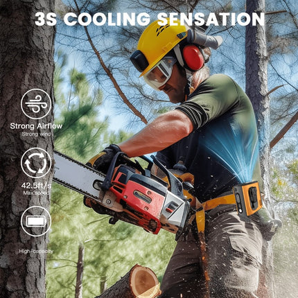 Koelventilator voor om de taille en nek met ingebouwde standaard, voorzien van een borstelloze motor voor krachtige luchtstroom en intense koeling. Biedt 100 niveaus van precieze windregeling, van zachte briesjes tot krachtige orkanen, met een supergelei - XdropX